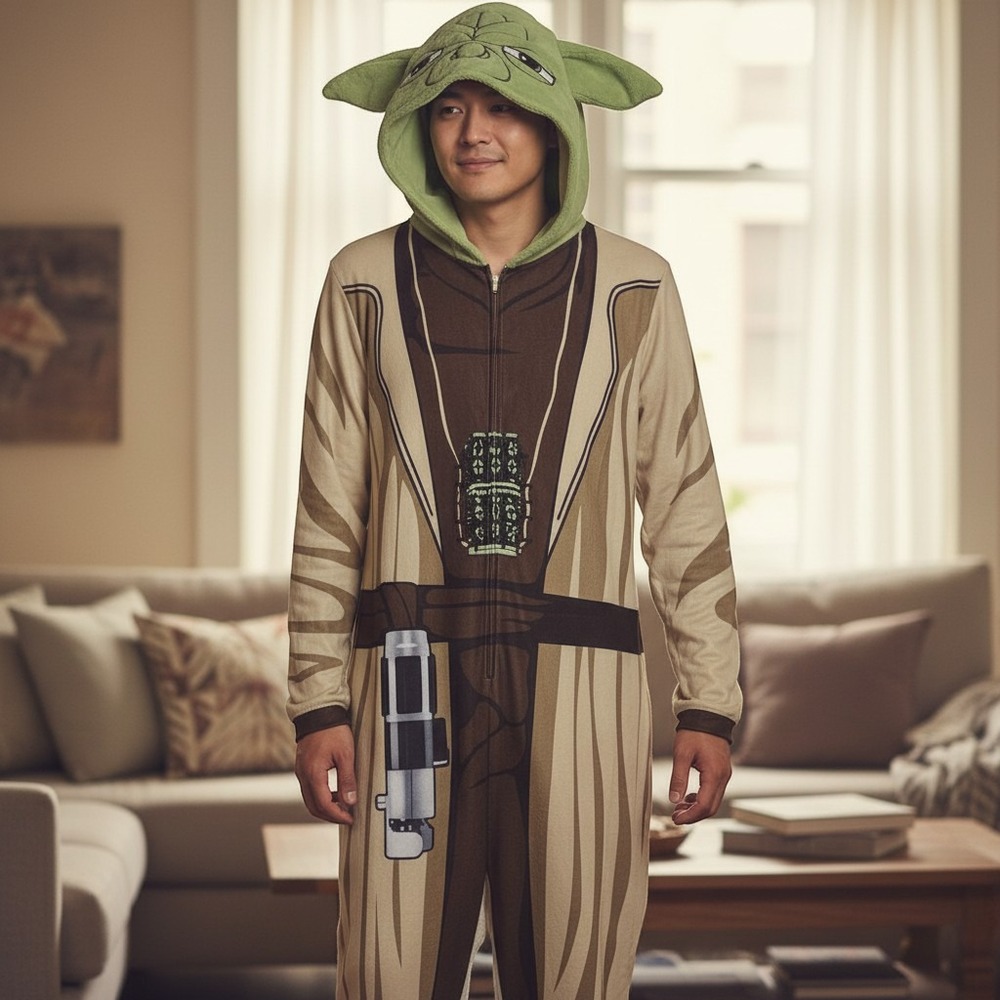 Star Wars Yoda Hooded Union Suit Mens Medium Jedi Robe Graphic Jumpsuit Brown